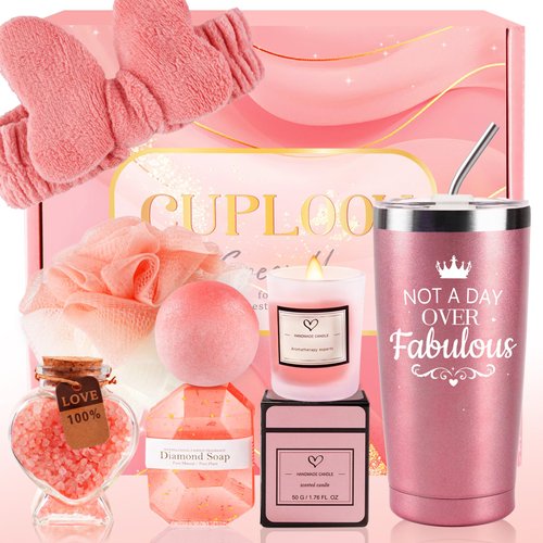 Birthday Spa Gift Basket Set for Women Rose Gold - Relaxing Self Care Gift Box for Women Bath Set with Tumbler Cup for Her Mom Wife Girlfriend Sisters Christmas Gift Ideas