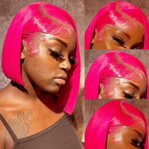 14 Inch Glueless Lace Bob Wigs Human Hair Hot Pink Color 180% Density 13X4 Transparent Lace Front Human Hair Bob Wigs For Black Women 100% Brazilain Remy Human Hair Short Straight Lace Bob Wigs