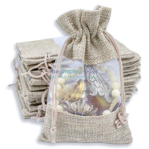TheDisplayGuys 48-Pack Linen Burlap & Sheer Organza Gift Bag w/Drawstring (7.5x11.5 in), for Party Favors Cosmetic Samples & Treats Mesh Pouch