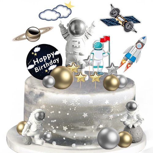 22 Pcs Space Cake Topper,Outer Space Cupcake Toppers Astronaut Figurine Birthday Space Themed Party Decorations Supplies Planet Rocket Pearl Balls and Star DIY Cake Toppers for Kids Party Baby Shower