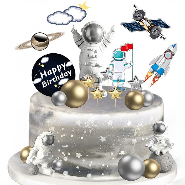 22 Pcs Space Cake Topper,Outer Space Cupcake Toppers Astronaut Figurine Birthday Space Themed Party Decorations Supplies Planet Rocket Pearl Balls and Star DIY Cake Toppers for Kids Party Baby Shower