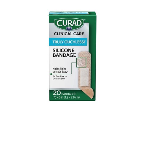 Curad Truly Ouchless Silicone Adhesive Bandages, Flex-Fabric for Sensitive or Delicate Skin, 3/4" x 3", 60 Count (Pack of 8)