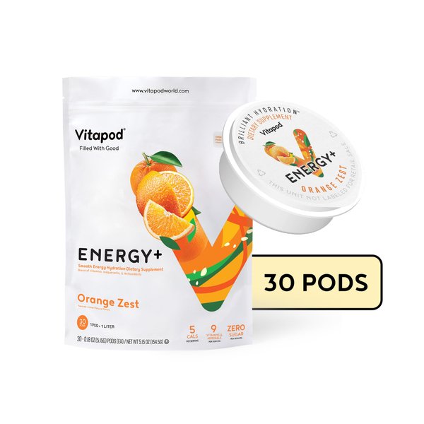 Vitapod Energy+ Orange Zest - Healthy Caffeine Energy Drink Mix - 30 Pods - Electrolytes, Antioxidants, Vitamin D, A, E, C - Water Enhancer