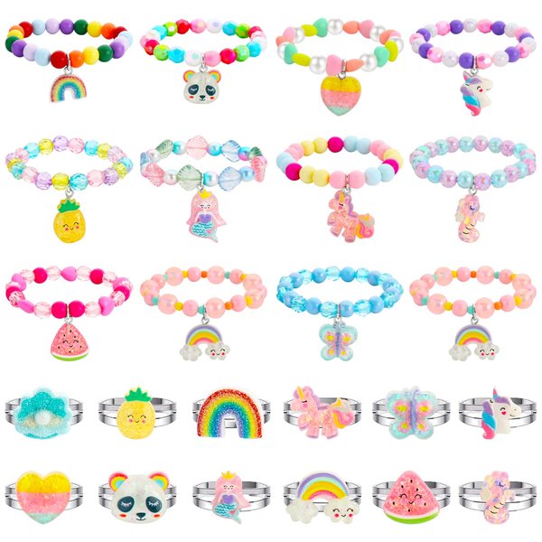 SOTOGO 24 Pieces Girls Rings and Bracelets Set Colorful Gift Party Favors Friendship Pretend Dress up Play Jewelry for Kids Children Toddler, Shiny Style