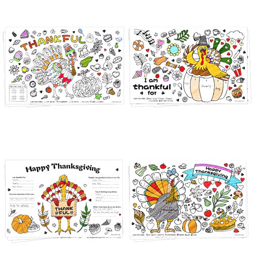 4E's Novelty Thanksgiving Placemat Activity Kids Coloring Placemats for Kids & Adults, 11x17 Paper Disposable Placemats Crafts Bulk, 12 Pack, Thankful Activities for Family Dinner Table