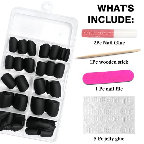 LuckForever 240pc Square Press on Nails Short Fake Nails Black Matte Artificial Fingernails Short Press on Nails Square False Nail Tips Acrylic Presson Nails & Glue Adhesive Tabs for Women Girls