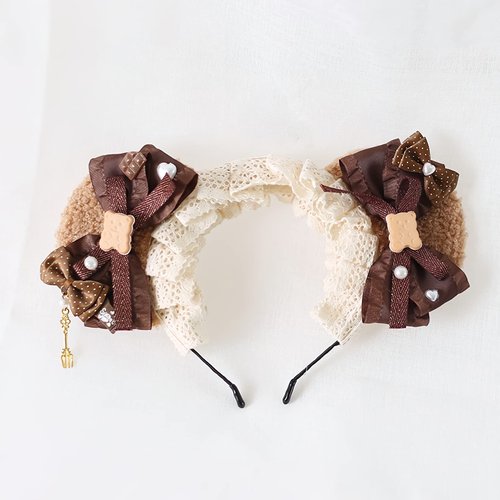 GK-O Lolita Bear Ear Headband Bowknot Hair Kawaii Lolita Prop Headwear Cute Hairpin Female Headdress Hair Accessories Handmade (Brown)