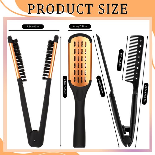 CHENGU 2 Pcs Hair Straightening Combs, Boar Bristles Clamp Double Sided Brush & V Shaped Styling Hair Comb, For Straightening Knotty Unkempt Hair (Gold, Black)