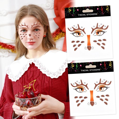 Cute Reindeer Face Stickers 2Pcs Glitter Elk Eye Body Face Tattoo Stickers for Kids Adult Christmas Party Makeup Self Adhesive Fake Tattoo Sticker Cospay Party Supplies