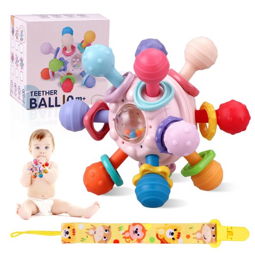 Teething Toys, Ball Shape Design Sensory Toys Teething Toys for Babies 0-6 Months 12 Silicone Ball Fashionable Color rotatable Baby Rattle Infant Toy Gift for Newborn Birthday Christmas Newyear,Pink