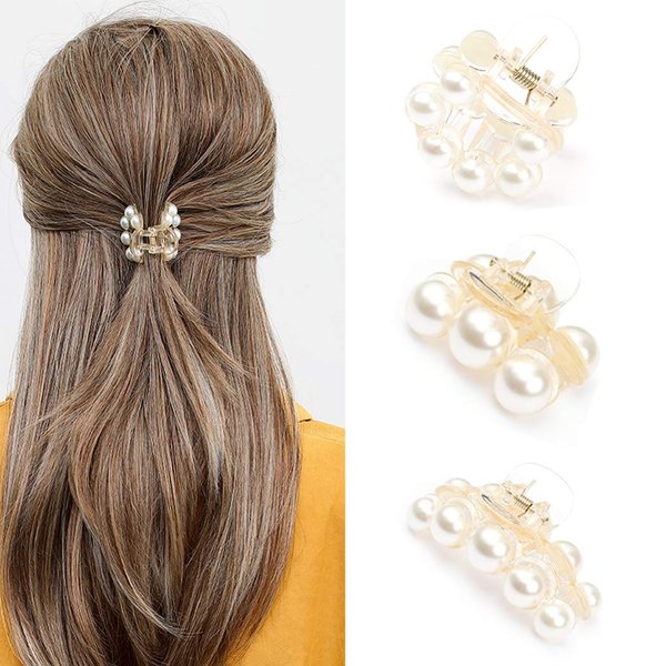 Brinie Hair Claw Clamps Champagne Pearl Hair Barrettes Medium Small Non Slip Clips Hair Accessories for Women and Girls (3 PCS)