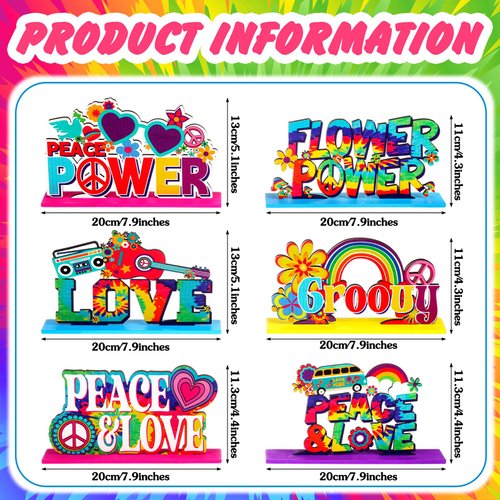 Geetery 6 Pcs 60's Party Supplies Hippie Party Supplies 60s Hippie Theme Groovy Party Wooden Centerpieces for Table Topper Decorations for Birthday Shower Party Supplies(60's)