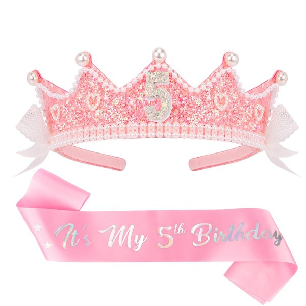 CUBACO Birthday Crown Headband Birthday Girl Crown and Sash, Birthday Girl Headband Princess Pink Crown 5 Year Old Girl Gift Outfit Birthday Decorations,Suitable for Party Favors Decorations