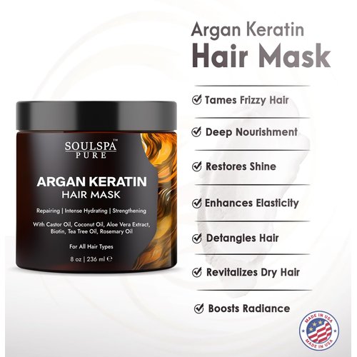 SOULSPA PURE Argan Oil Hair Mask with Keratin - Strengthen, Hydrate, and Repair Dry, Damaged Hair - Enriched with Biotin, Tea Tree Oil & Rosemary Oil - All Hair Types - for Men and Women- 8.45 fl oz