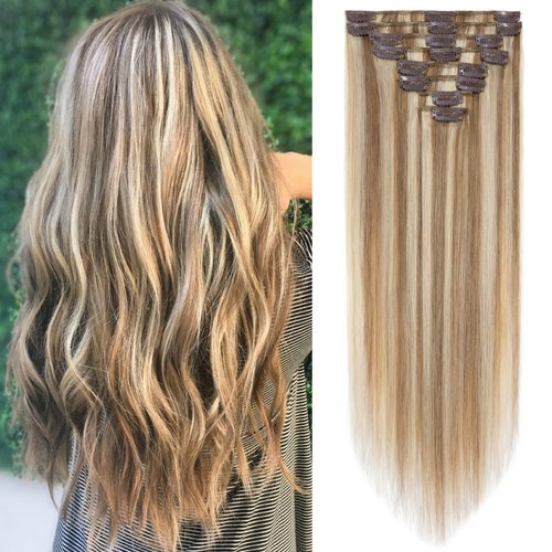 S-noilite Clip in Hair Extensions Human Hair Balayage Standard Weft Short Blonde Hair 100% Real Human Hair 8 Pieces 18 Clips Straight 10"-75g Light Golden Brown/Bleach Blonde (#12/613)