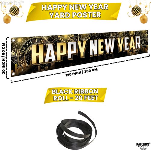 KatchOn, Happy New Year Banner 2025 - Big - 120X20 Inch | Happy New Year Yard Sign for New Years Decorations 2025 | Happy New Year Decorations 2025, NYE Decorations | New Years Eve Party Supplies 2025