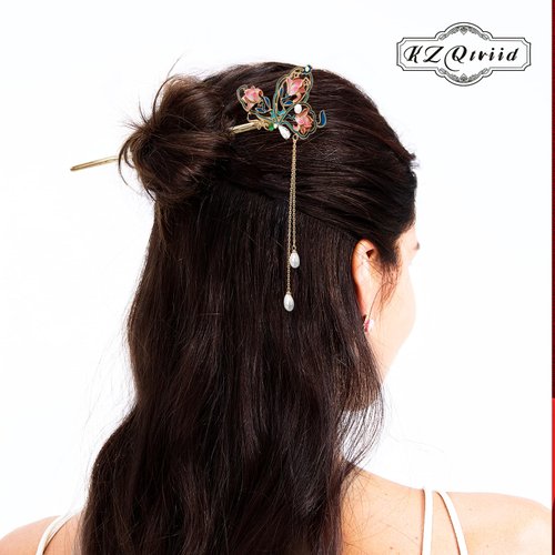 KZQtriid Hair Accessories，14k Gold Plated Copper，Vintage Handcrafted，6.88" Hair Chopsticks For Women，Colour Enamels Pearl Colored Cubic Zirconia Tassels Hair Stick，Hair Clip