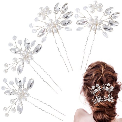 OIIKI 4PCS Wedding Pearl Flower Hair Clips, Bridal Rhinestone Pearl Hair Pins, U Shape Wedding Hair Accessories for Brides, Women, Girls - Silver (2 styles)