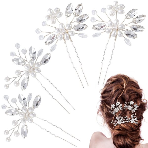 OIIKI 4PCS Wedding Pearl Flower Hair Clips, Bridal Rhinestone Pearl Hair Pins, U Shape Wedding Hair Accessories for Brides, Women, Girls - Silver (2 styles)