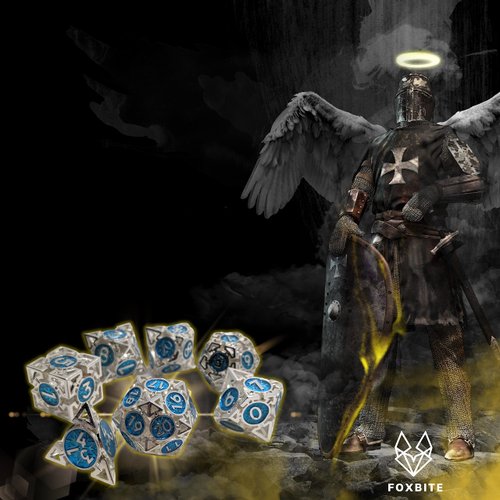 FOXBITE Hollow Metal Polyhedral Dice Set D&D RPG Suitable for Dungeons and Dragons Role Playing Games Blue and Silver