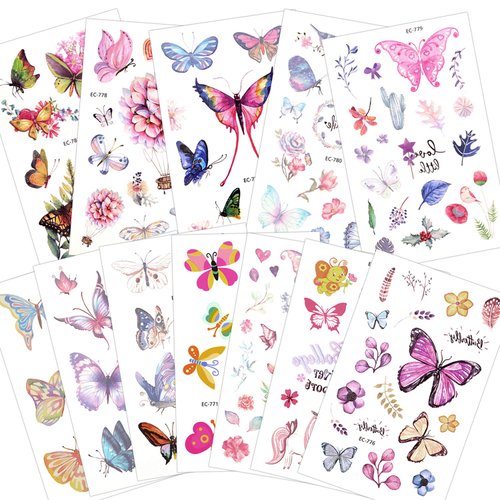Konsait Kids Tattoos Butterfly Temporary Tattoos Sticker for Girls Children's Birthday Party Bag Filler Gift Idea Party Favors, 154 Pcs Kids Butterfly Flower Girls Tattoos