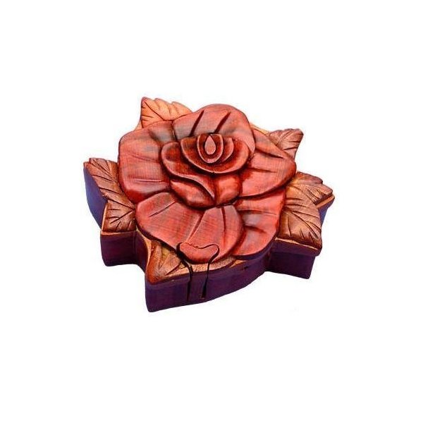 Rose Handmade Carved Wood Intarsia Puzzle Box by The Handcrafted