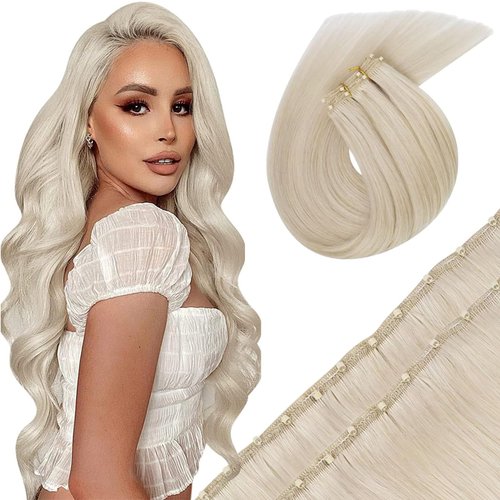 Sunny Hair Beaded Weft Hair Extensions Human Hair 50G Micro Bead Weft Hair Extensions Real Human Hair Straight Weft Hair Extensions with Micro Beads Easy Weft Blonde 14 inch