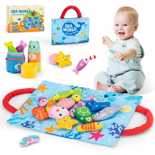 ARCTURINE Fishing Games for Kids 1-3, 14 in1 Toddlers Cloth Toy Set with Stacking Cups Baby Toy for Counting, Color Sorting, Ideal Christmas Birthday Gift for Early Education