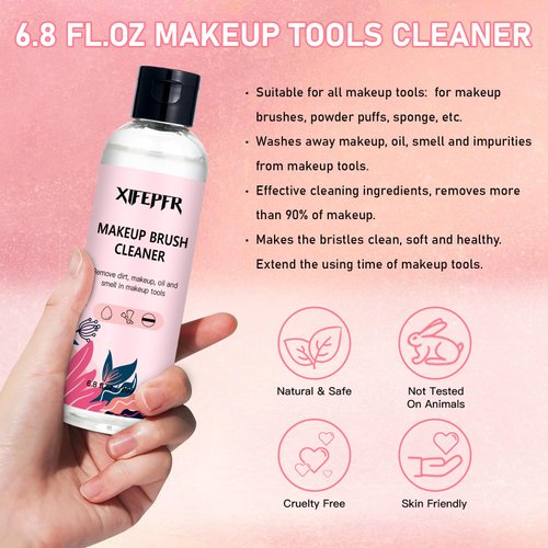XIFEPFR Makeup Brush Cleaner, 6.8 Fl Oz Make Up Brush Cleaner Cleanser, Makeup Brush Cleaner Solution for Brushes, Sponge, Puff, Makeup Brush Shampoo with 2pcs Cleaning Mat, Gifts for Women