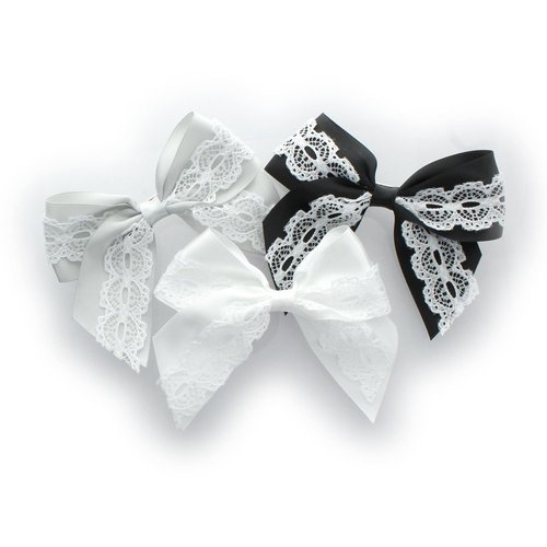 My Lello Medium 4" Girls Hair-Bow Barrette Satin & Lace Mixed Variety 3 Pack Gray/Black/White
