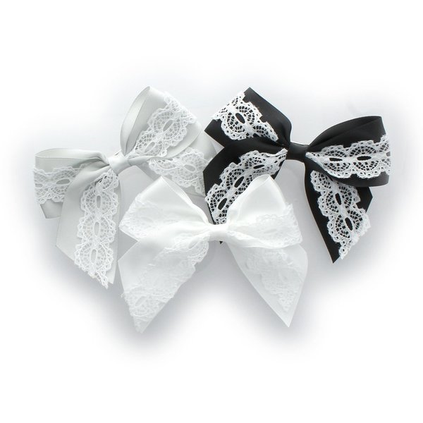 My Lello Medium 4" Girls Hair-Bow Barrette Satin & Lace Mixed Variety 3 Pack Gray/Black/White