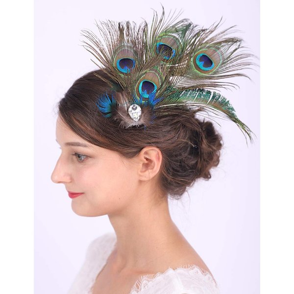 Anglacesmade Bridal Feather Hair Clip Peacock Feather Fascinator Feather Brooch for Wedding Prom Festival Party 20s Flapper Headpiece for Women and Girls