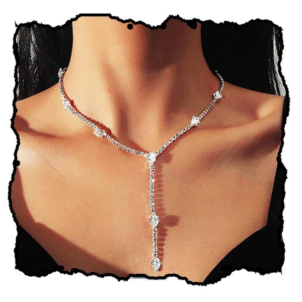 JONKY Rhinestone Y Necklace Silver Crystal Pendant Necklaces Sparkly Tennis Necklace for Women