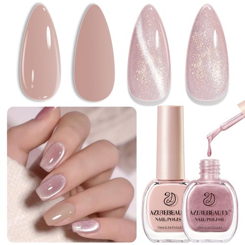 AZUREBEAUTY Cat Eye Nail Polish Set, Quick Dry Vegan Nude 2 Colors Nail Lacquer Natural Strengthe...