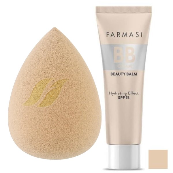 Farmasi SET: BB Cream - LIGHT 01 & Makeup Sponge - Flawless Finish, Natural Look, Moisturizes Skin, Protects Skin, SPF 15, Lightweight Formula, Even Application