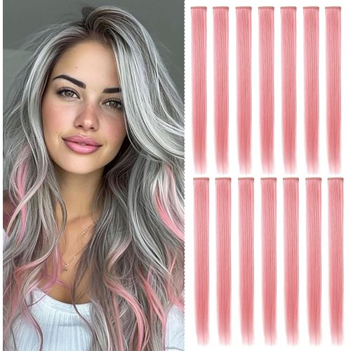 FAIRY COLOR 14 PCS Colored Hair Extensions, Multi-colors Hairpieces Party Highlights Clip in Synthetic Hair Extensions 21 Inch for Women and Girls (Light Pink Set)