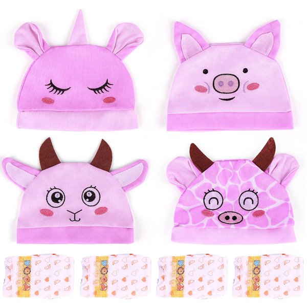 BABESIDE 4 Pcs Baby Doll Hat with Doll Diaper for 18-22 Inches Dolls, Animal Style Purple Doll Hat, Baby Doll Accessories for Newborn Baby Doll Boy&Girl