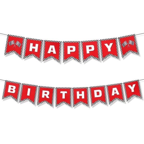 Race Car Happy Birthday Banner, Race Car Birthday Party Decorations Checkered Flags Black and White Racing Banner Let's Go Racing Checkered Flag Party Themed Party Supplies Decorations (Red)