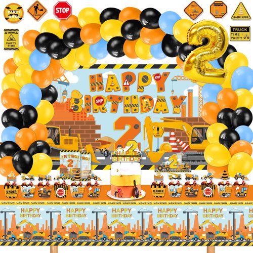 Mpanwen Construction Birthday Party Supplies for 2 Year Old Boy, 139 Pcs Dump Truck Party Decorations for Boys Baby - Backdrop, Balloons, Cupcakes Wrappers, Traffic Signs, Tablecloth, Crown and Poster