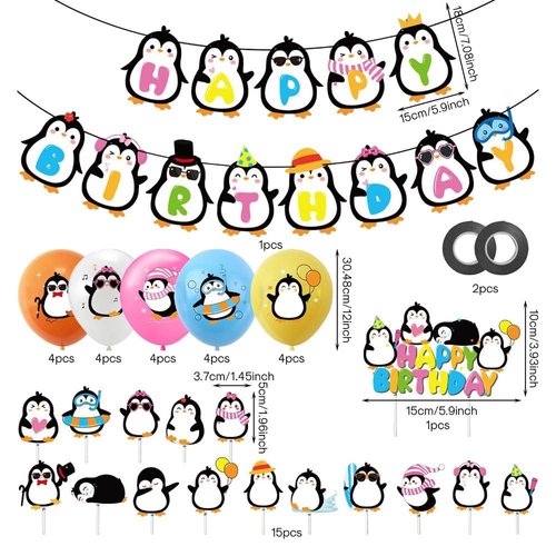 Uniquer Penguin Theme Birthday Party Decoration, Happy Birthday Penguin Banner Latex Balloons Cake Topper, Party Supplies
