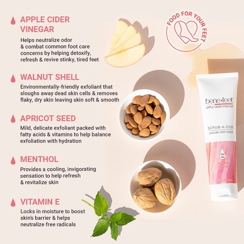 Benefeet Scrub-A-Dub Cooling Foot Scrub - Exfoliates + Refreshes Dry + Dull Skin, Get Smoother Skin from Heel to Toe, Made w/Vitamin E, Apple Cider Vinegar, Walnut Shell + Apricot Seed, 4 oz (1 Pack)