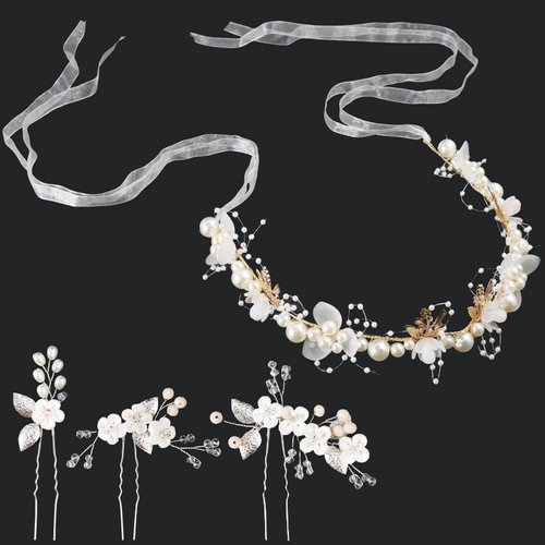 AEXHOT Bridal Flower Girl Headpiece Pearl Wedding Headband Rhinestone Hair Accessories Pearl Hair Pins for Girls and Women