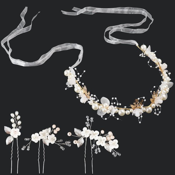 AEXHOT Bridal Flower Girl Headpiece Pearl Wedding Headband Rhinestone Hair Accessories Pearl Hair Pins for Girls and Women
