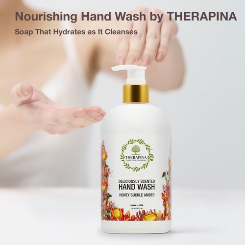 THERAPINA Aromatherapy Luxury Liquid Hand Soap – Vegan, Moisturizing Hand Wash with Aloe Vera, Botanical Oils, Honeysuckle Amber Scent – Fancy Liquid Hand Soap for Bathrooms, Kitchen, More, 16 Oz.
