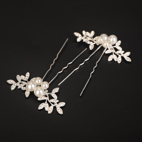 Teyglen Pearl Bridal Hair Pins Clips Vintage Silver Rhinestone Leaf Hair Pins Elegant Hair Accessories for Bride Headpiece Crystal Pearl Hair Piece for Women (Silver)