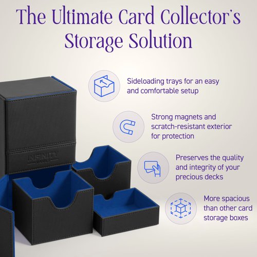 Durable Double Deck Box with Dice Tray - MTG Deck Box Commander Friendly - Protects 200+ Double Sleeved Cards - Designed for MTG Commander Deck Box with Sideloading Card Trays (Blue Interior)