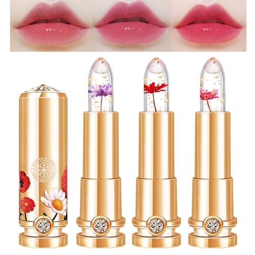 Mrettick 3 Colors Crystal Flower Jelly Lipstick Set,Magic Temperature Color Changing Lip Gloss PH Lipstick Color Changing Jelly Lipstick Waterproof Moisturizer Lip Balm (#1+#2+#3)