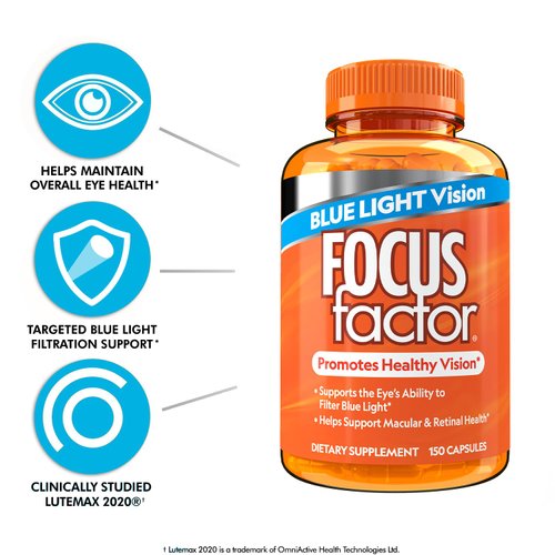 Focus Factor Blue Light Formula (150 Count) - Eye Vitamins with Blue Light Filtration Support - Lutein and Zeaxanthin Supplement with Vitamin C, Vitamin E, Lutemax 2020® - Promote Eye Health