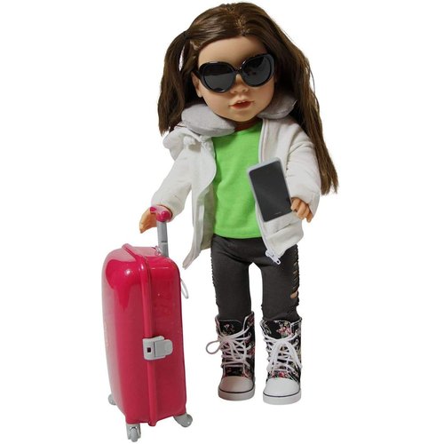 Doll Accessories - Best Toys for 3 Year Old Girls - 15 pc Travel Playset for Kids Includes Suitcase, Glasses, Pillow -Stuff Compatible with Most 18 Inch Dolls