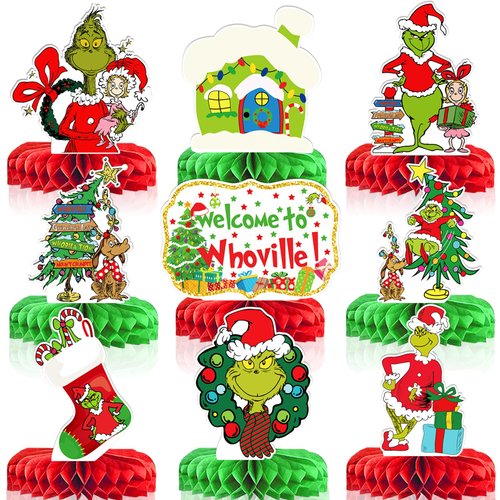 9pcs Christmas Table Decorations,Christmas Honeycomb Centerpieces Whoville Christmas Decorations Christmas Birthday Party Decorations Christmas Party Supplies Christmas Decor